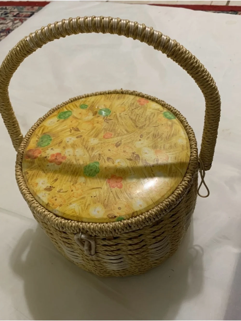 Vintage Round Woven Wicker Sewing Basket Box Japan Floral Quilted Cushion Lid